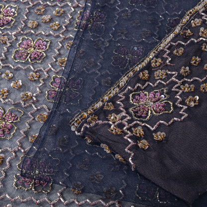 Sanskriti Vintage Saree Blue Net Hand Beaded Dabka Bollywood Sari 5.5 Yd Fabric