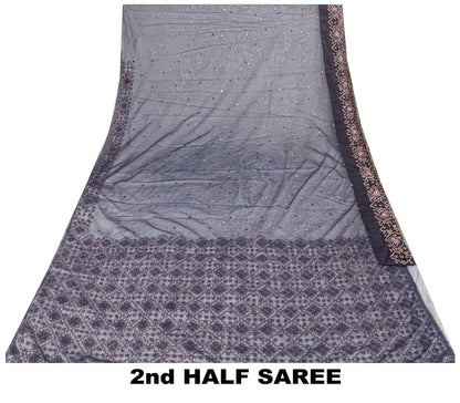 Sanskriti Vintage Saree Blue Net Hand Beaded Dabka Bollywood Sari 5.5 Yd Fabric