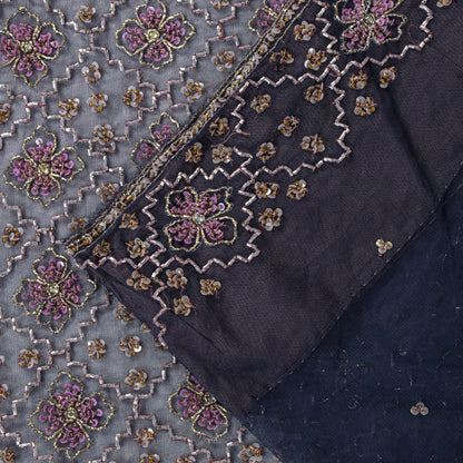 Sanskriti Vintage Saree Blue Net Hand Beaded Dabka Bollywood Sari 5.5 Yd Fabric