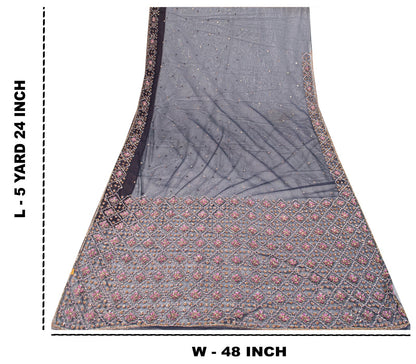 Sanskriti Vintage Saree Blue Net Hand Beaded Dabka Bollywood Sari 5.5 Yd Fabric
