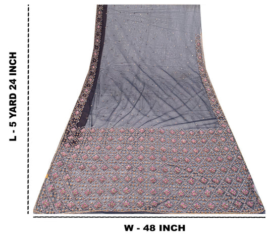 Sanskriti Vintage Saree Blue Net Hand Beaded Dabka Bollywood Sari 5.5 Yd Fabric