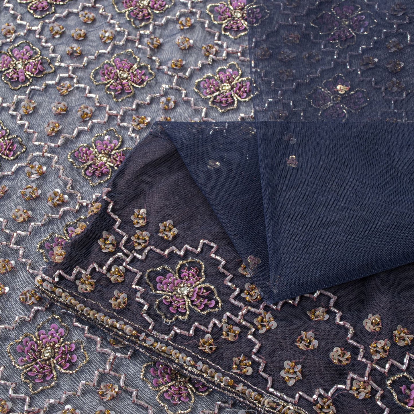 Sanskriti Vintage Saree Blue Net Hand Beaded Dabka Bollywood Sari 5.5 Yd Fabric