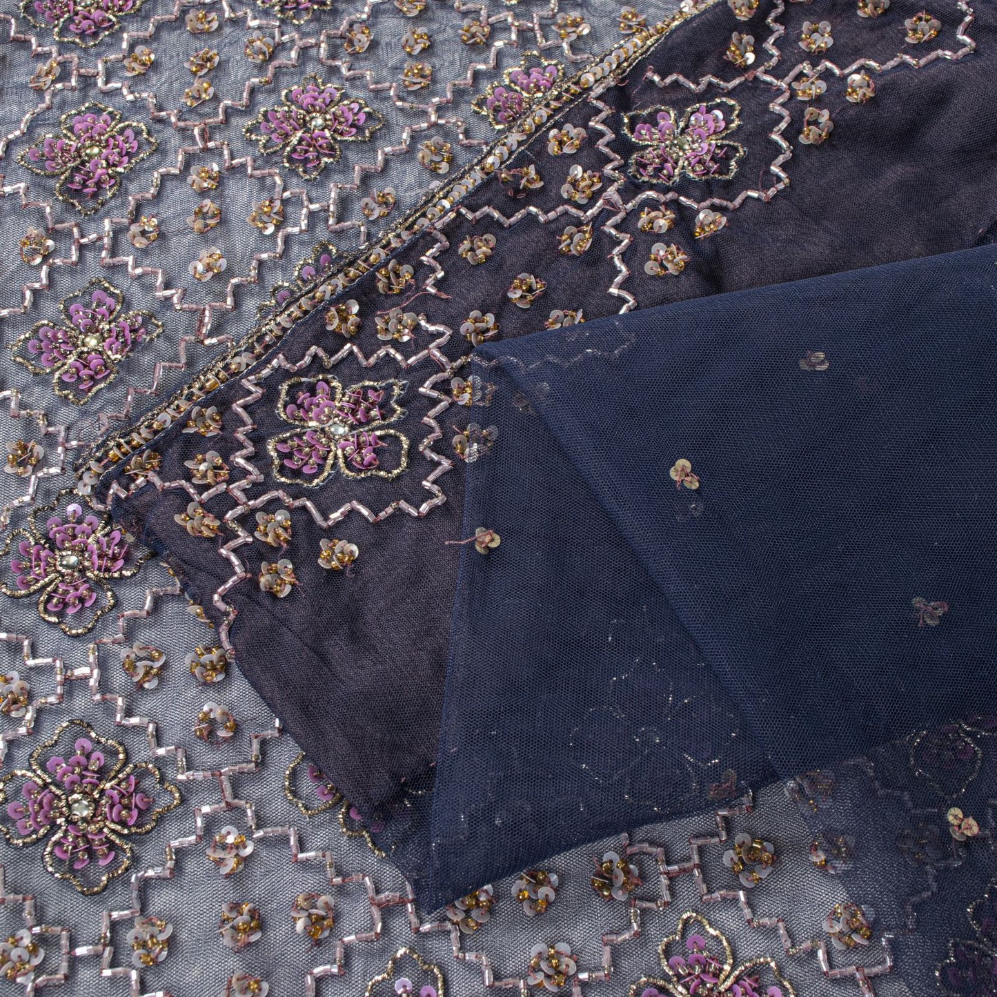 Sanskriti Vintage Saree Blue Net Hand Beaded Dabka Bollywood Sari 5.5 Yd Fabric