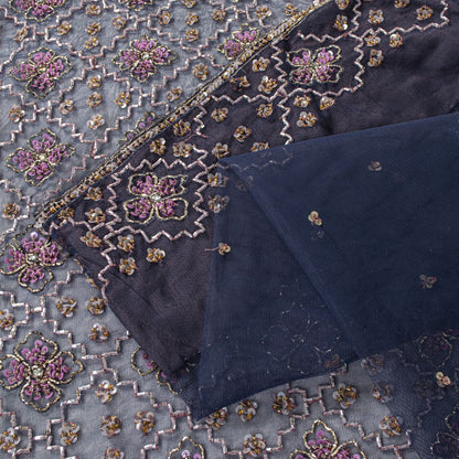 Sanskriti Vintage Saree Blue Net Hand Beaded Dabka Bollywood Sari 5.5 Yd Fabric
