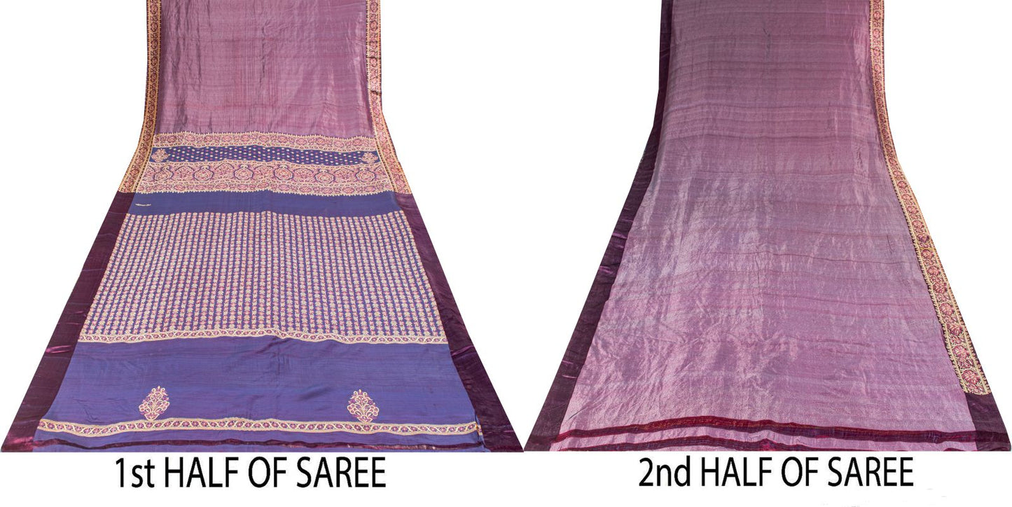 Sanskriti Vintage Saree 100%Pure Silk Violet Hand Woven Sari 5.5+YD Craft Fabric