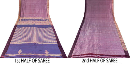 Sanskriti Vintage Saree 100%Pure Silk Violet Hand Woven Sari 5.5+YD Craft Fabric