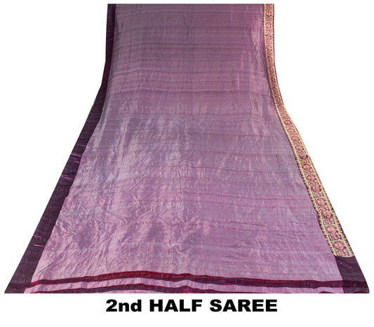 Sanskriti Vintage Saree 100%Pure Silk Violet Hand Woven Sari 5.5+YD Craft Fabric