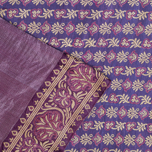 Sanskriti Vintage Saree 100%Pure Silk Violet Hand Woven Sari 5.5+YD Craft Fabric