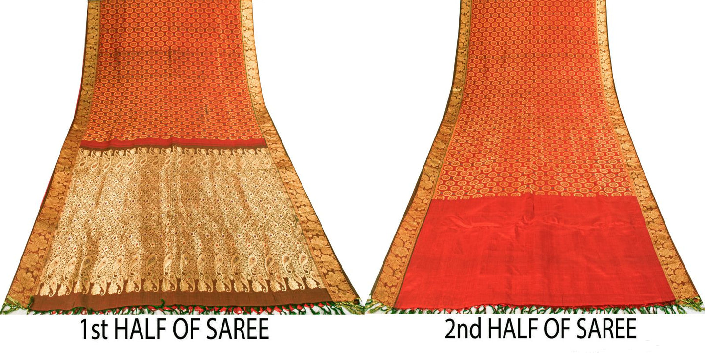 Sanskriti Vintage Saree Red Pure Silk Kanjivaram Zari Hand Woven Wedding 5YDSari