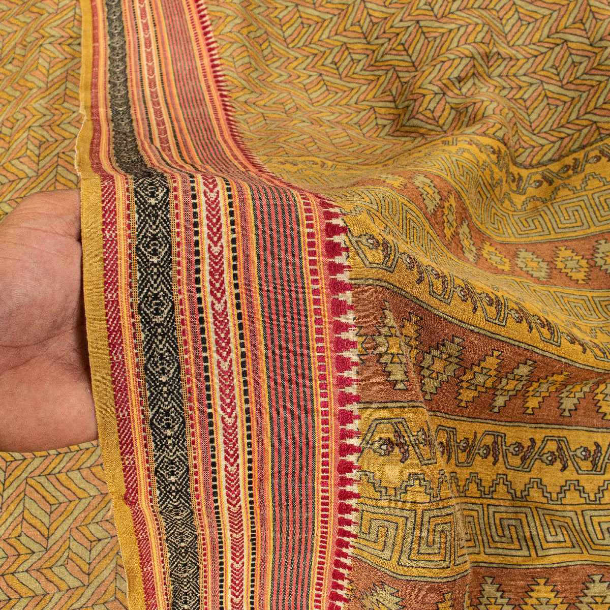 Sanskriti Vintage Saree Green Pure Silk Aasame Border Geometric Print Sari 5.5YD