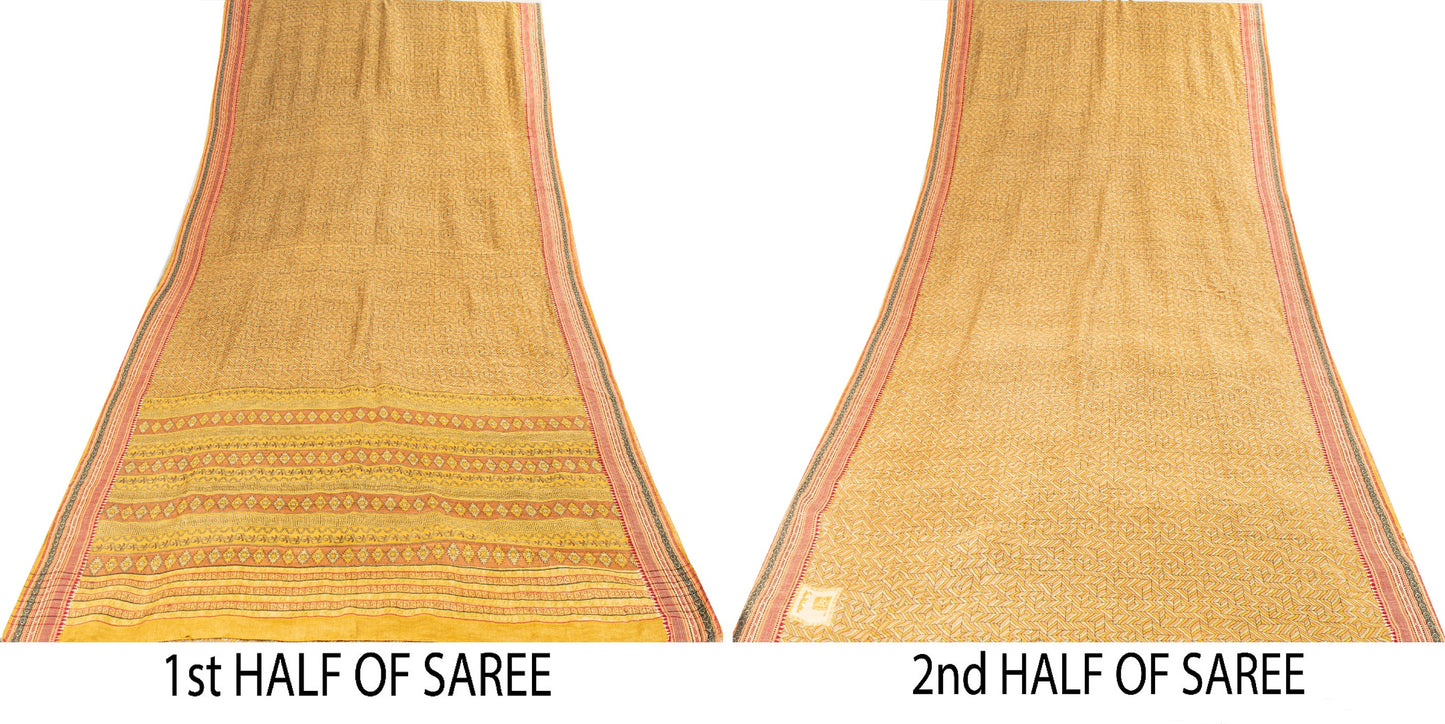 Sanskriti Vintage Saree Green Pure Silk Aasame Border Geometric Print Sari 5.5YD