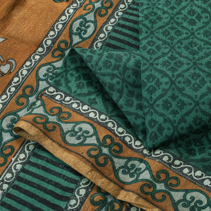 Sanskriti Vintage Saree Green 100% Pure Tussar Silk Floral Print Sari 5+YD Craft