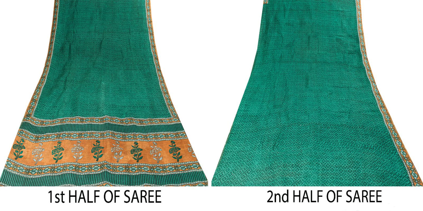 Sanskriti Vintage Saree Green 100% Pure Tussar Silk Floral Print Sari 5+YD Craft