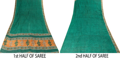 Sanskriti Vintage Saree Green 100% Pure Tussar Silk Floral Print Sari 5+YD Craft