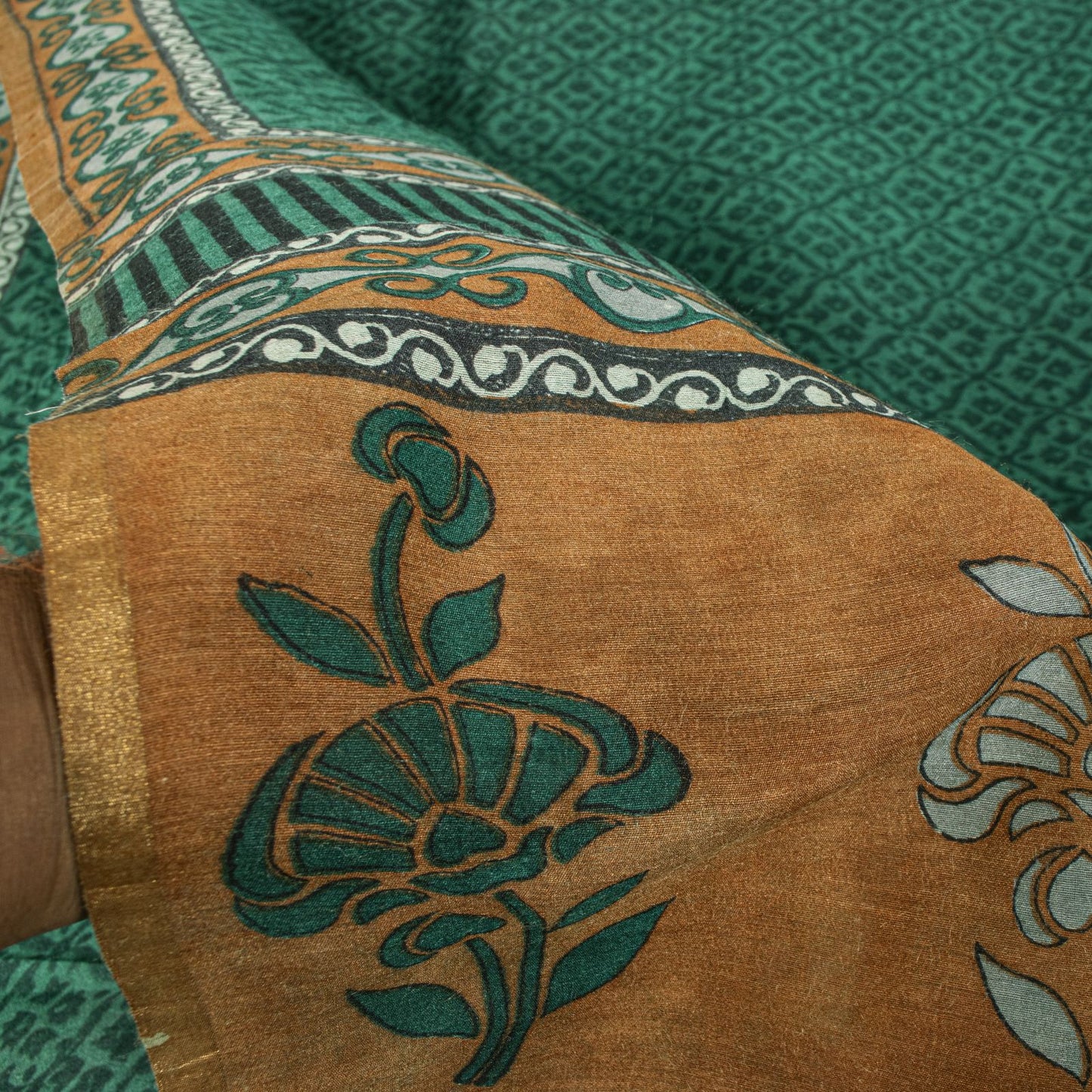 Sanskriti Vintage Saree Green 100% Pure Tussar Silk Floral Print Sari 5+YD Craft