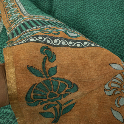 Sanskriti Vintage Saree Green 100% Pure Tussar Silk Floral Print Sari 5+YD Craft