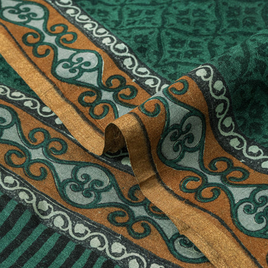 Sanskriti Vintage Saree Green 100% Pure Tussar Silk Floral Print Sari 5+YD Craft