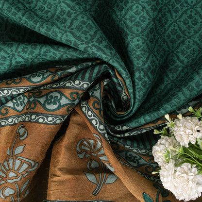 Sanskriti Vintage Saree Green 100% Pure Tussar Silk Floral Print Sari 5+YD Craft