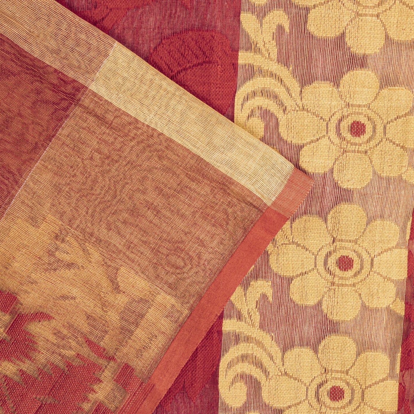 Sanskriti Vintage Saree Red Blend Cotton Jamdani Woven Bengali Sari 5.5YD Fabric