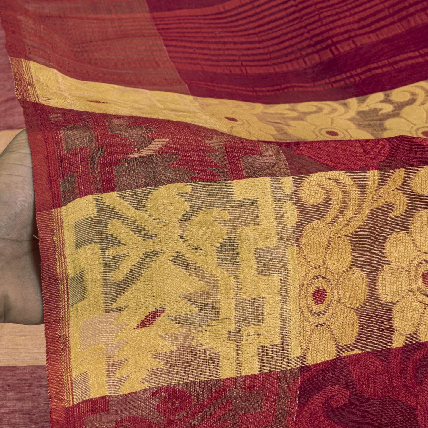 Sanskriti Vintage Saree Red Blend Cotton Jamdani Woven Bengali Sari 5.5YD Fabric