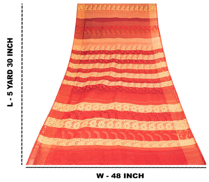Sanskriti Vintage Saree Red Blend Cotton Jamdani Woven Bengali Sari 5.5YD Fabric
