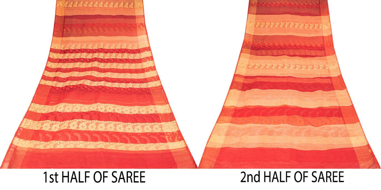 Sanskriti Vintage Saree Red Blend Cotton Jamdani Woven Bengali Sari 5.5YD Fabric