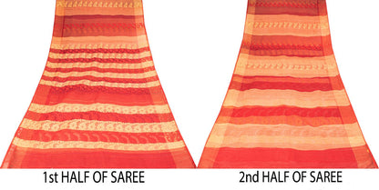 Sanskriti Vintage Saree Red Blend Cotton Jamdani Woven Bengali Sari 5.5YD Fabric