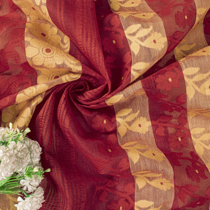 Sanskriti Vintage Saree Red Blend Cotton Jamdani Woven Bengali Sari 5.5YD Fabric