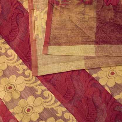 Sanskriti Vintage Saree Red Blend Cotton Jamdani Woven Bengali Sari 5.5YD Fabric