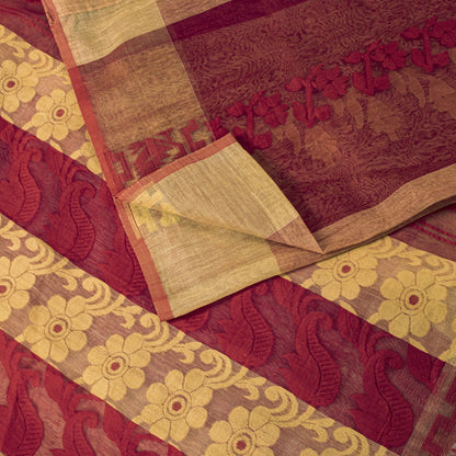 Sanskriti Vintage Saree Red Blend Cotton Jamdani Woven Bengali Sari 5.5YD Fabric