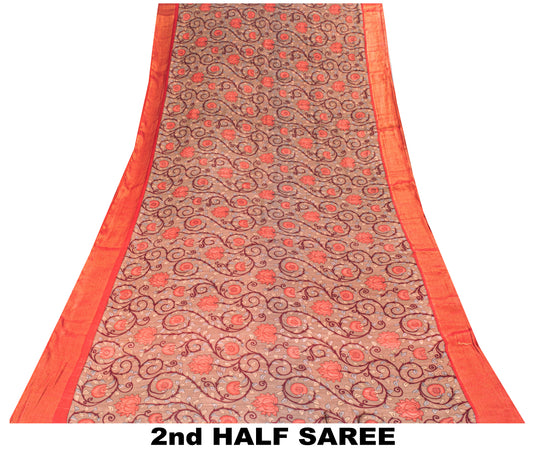 Sanskriti Vintage Saree Brown Blend Silk Kalamkari Style-Zari Woven Sari Fabric