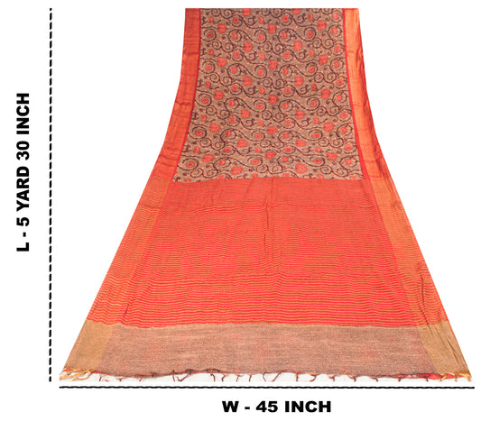 Sanskriti Vintage Saree Brown Blend Silk Kalamkari Style-Zari Woven Sari Fabric