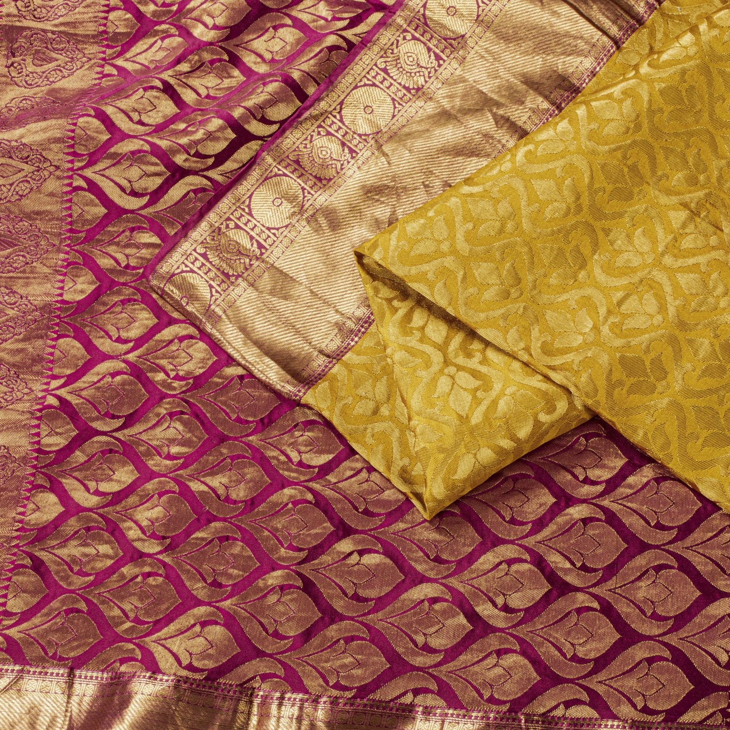 Sanskriti Vintage Saree Yellow Blend Silk Kanchipuram-Paithani Peacock Zari Sari