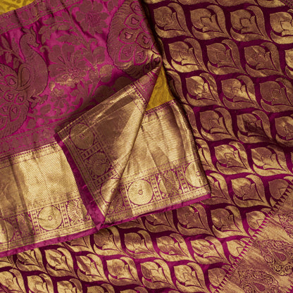 Sanskriti Vintage Saree Yellow Blend Silk Kanchipuram-Paithani Peacock Zari Sari