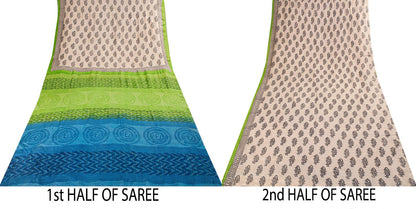 Sanskriti Vintage Saree Gray Cotton Silk Machlipatanam Kalamkari Hand Block Sari