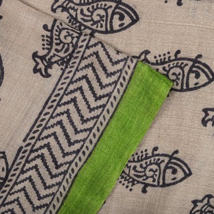 Sanskriti Vintage Saree Gray Cotton Silk Machlipatanam Kalamkari Hand Block Sari