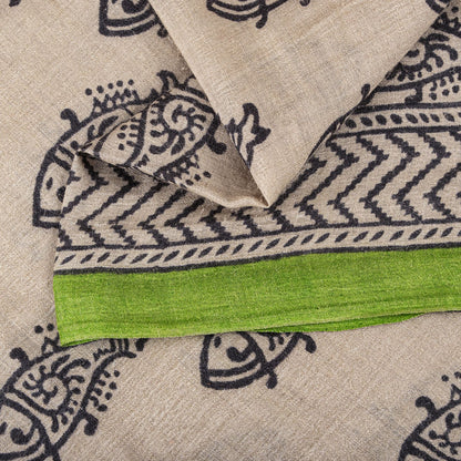 Sanskriti Vintage Saree Gray Cotton Silk Machlipatanam Kalamkari Hand Block Sari