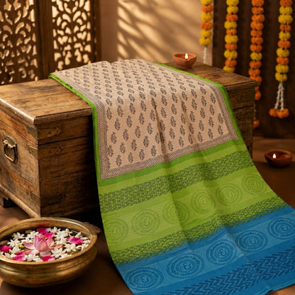 Sanskriti Vintage Saree Gray Cotton Silk Machlipatanam Kalamkari Hand Block Sari
