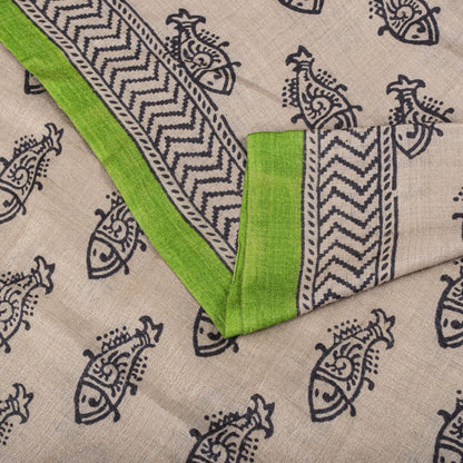 Sanskriti Vintage Saree Gray Cotton Silk Machlipatanam Kalamkari Hand Block Sari