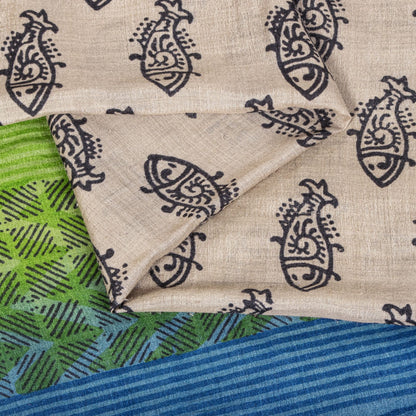 Sanskriti Vintage Saree Gray Cotton Silk Machlipatanam Kalamkari Hand Block Sari