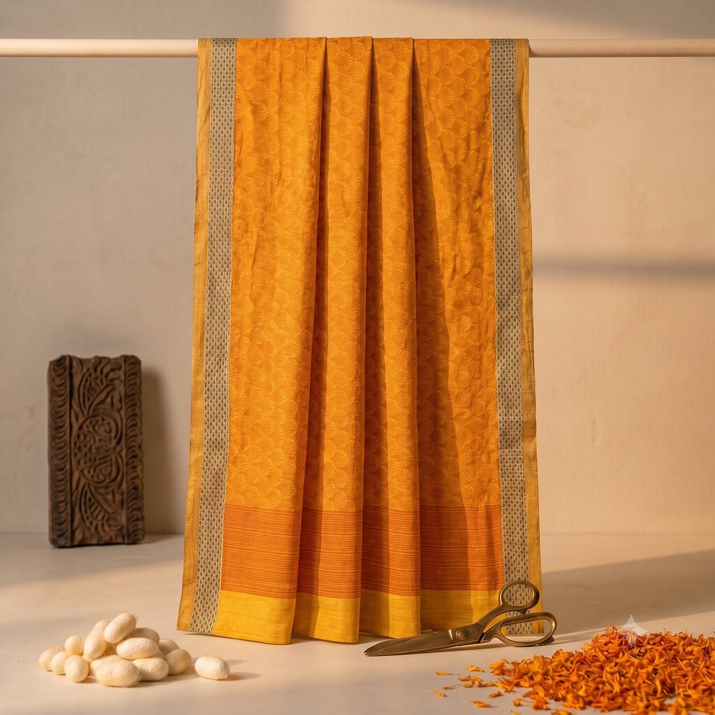 Sanskriti Vintage Saree Orange Shell Printed-Woven Border Sari