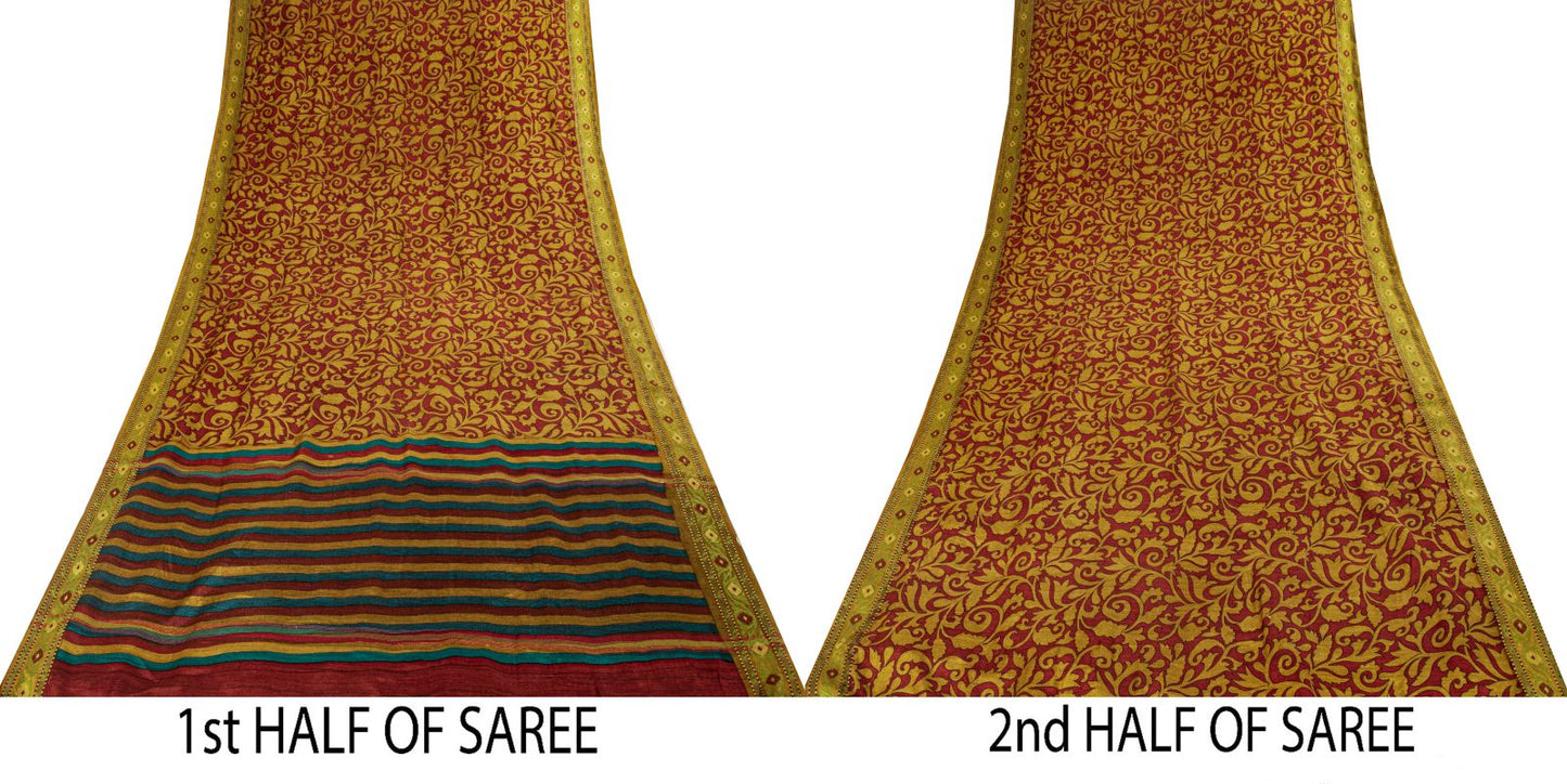 Sanskriti Vintage Saree Red 100% Pure Silk Woven-Floral Print Premium 5+Yd Sari