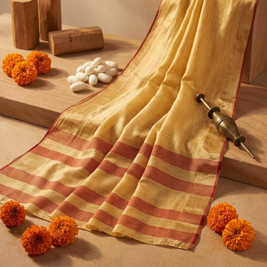 Sanskriti Vintage Saree Yellow Cotton Silk Hand Woven Maheshwari Premium Sari