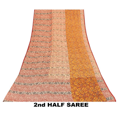 Sanskriti Vintage Orange Pure Crepe Saree Kantha Work Sari 5+Yard Craft Fabric