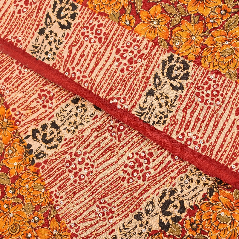 Sanskriti Vintage Orange Pure Crepe Saree Kantha Work Sari 5+Yard Craft Fabric