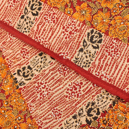 Sanskriti Vintage Orange Pure Crepe Saree Kantha Work Sari 5+Yard Craft Fabric