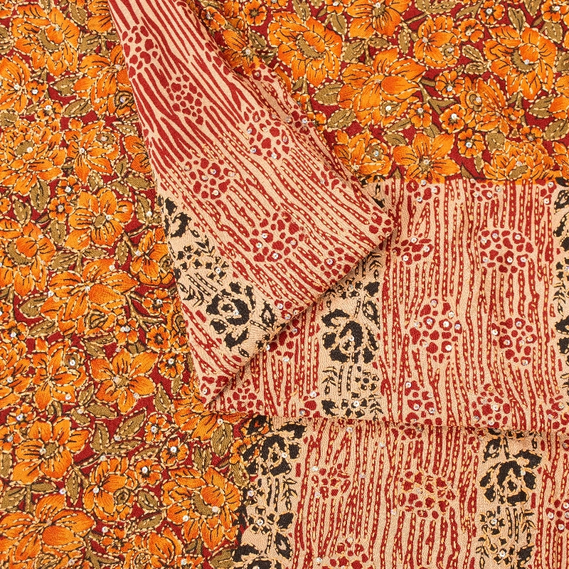 Sanskriti Vintage Orange Pure Crepe Saree Kantha Work Sari 5+Yard Craft Fabric