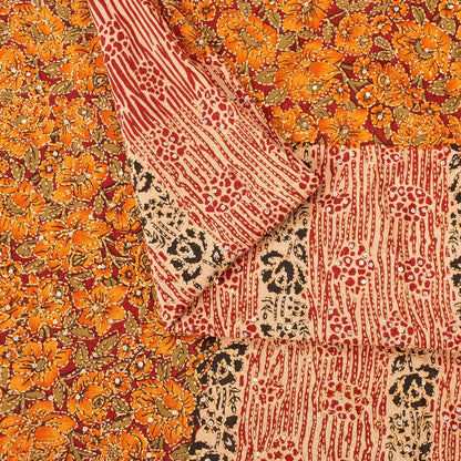 Sanskriti Vintage Orange Pure Crepe Saree Kantha Work Sari 5+Yard Craft Fabric