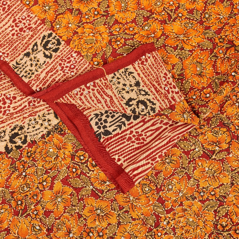 Sanskriti Vintage Orange Pure Crepe Saree Kantha Work Sari 5+Yard Craft Fabric