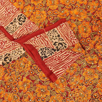Sanskriti Vintage Orange Pure Crepe Saree Kantha Work Sari 5+Yard Craft Fabric